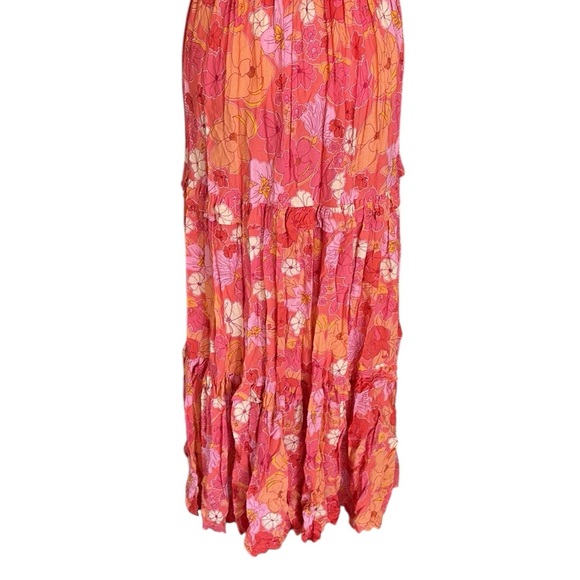 Abel the Label Coral Orange Pink Floral Print Smocked Off Shoulder Maxi Dress XS - Picture 11 of 14